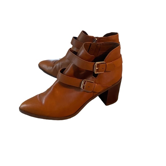 FRANCO SARTO CAMEL LEATHER ANKLE BOOTS WITH STRAPS WOMENS SIZE 10 STACKED HEEL - Picture 10 of 15